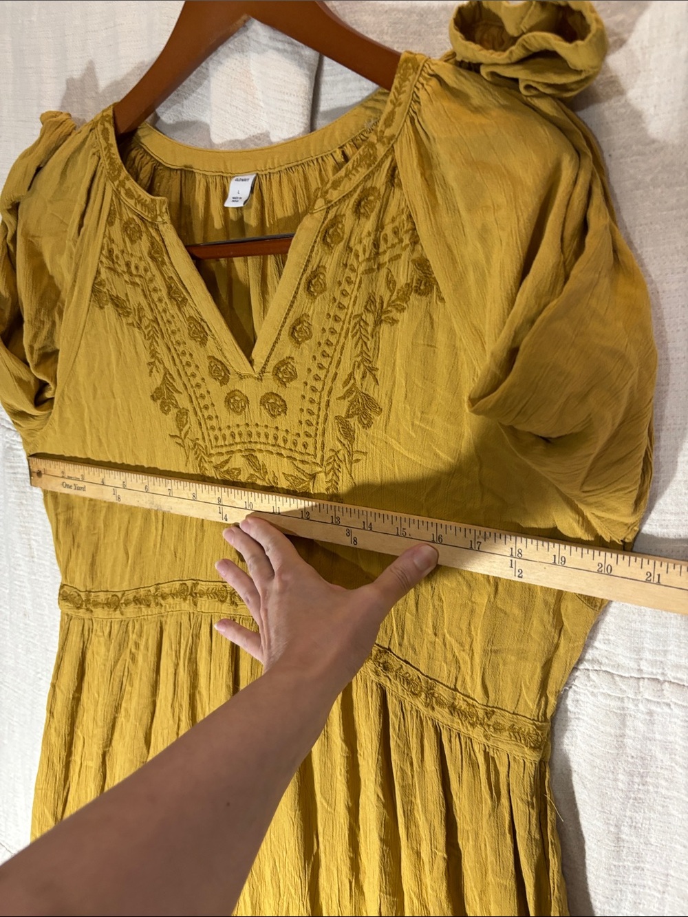 Old Navy Mustard Yellow Embroidered Tiered Maxi Dress Boho Peasant Fall L EUC - Picture 5 of 6
